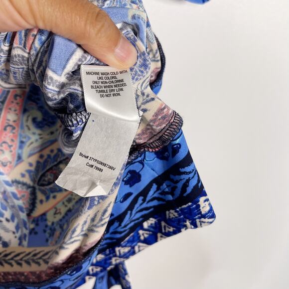 Roz & Ali Womens Medium M Blue White Paisley Printed Scoop Neck Tie Waist Blouse - Picture 9 of 9